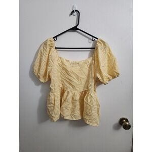 SHEIN Yellow Gingham Puff Sleeve Peplum Top Square Neck Cottagecore Blouse M